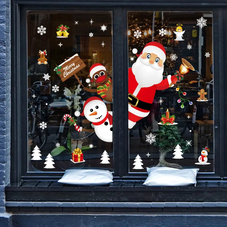Festive Christmas window stickers featuring a snowman, deer, and Santa Claus in a winter scene.