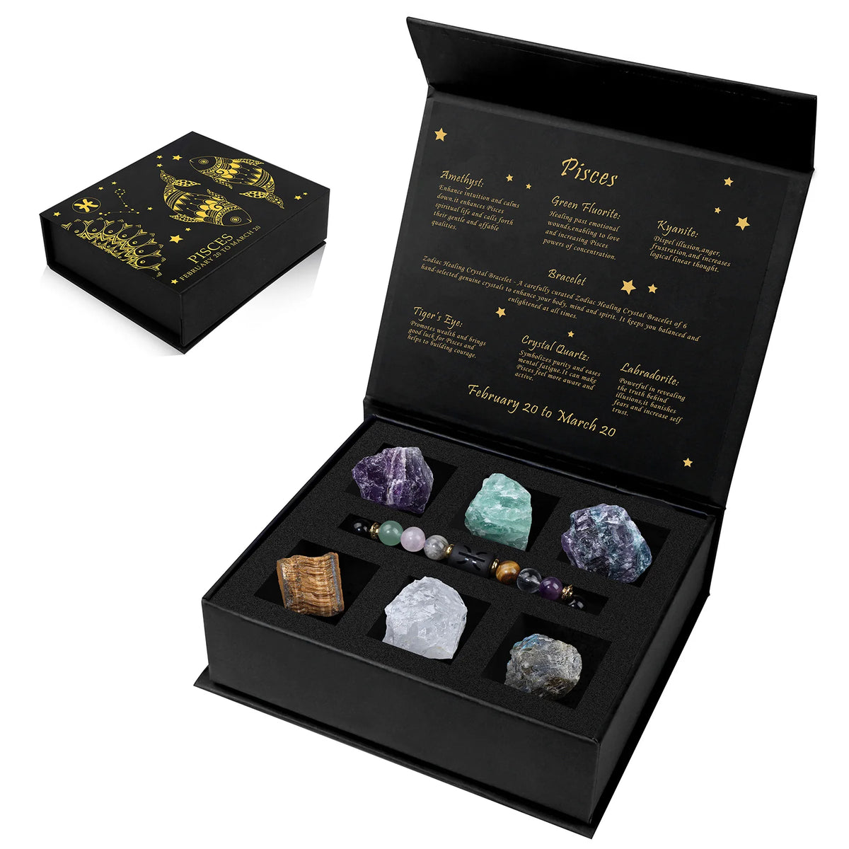 A black gift box containing a natural stone zodiac bracelet and various crystals with corresponding zodiac signs.