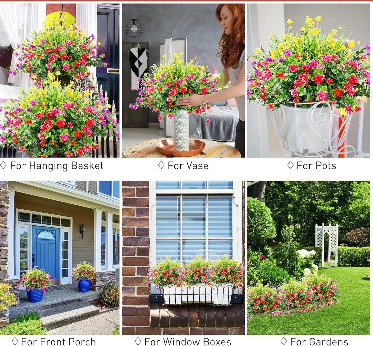 Various artificial flower bouquets and potted plants for outdoor decor