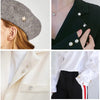 Close-up shots of pearl and rhinestone no-sew buttons used as decorative elements on clothing and hats.