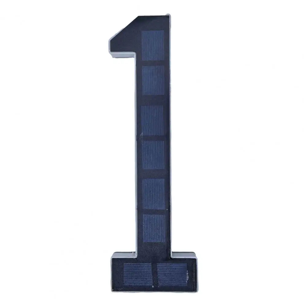 A vertical black solar LED house number sign with automatic dusk-to-dawn lighting.