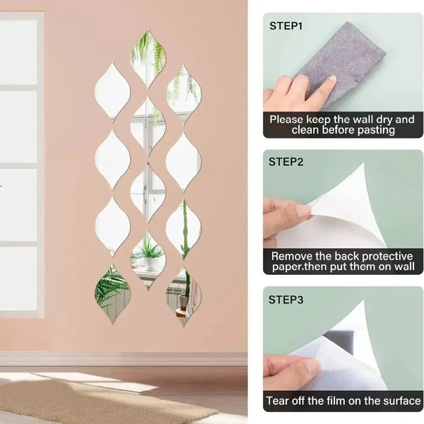 Step-by-step instructions showing how to apply reflective acrylic droplet mirror stickers to a wall.