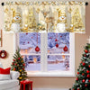 Festive Christmas valance curtains featuring gold snowflakes, pine trees, and snowmen for a holiday decor display.