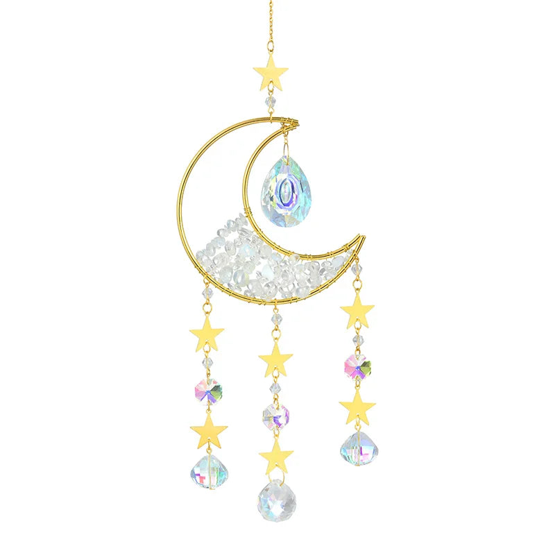 Gold moon suncatcher wind chime with prism accents featuring a crescent moon and star charms