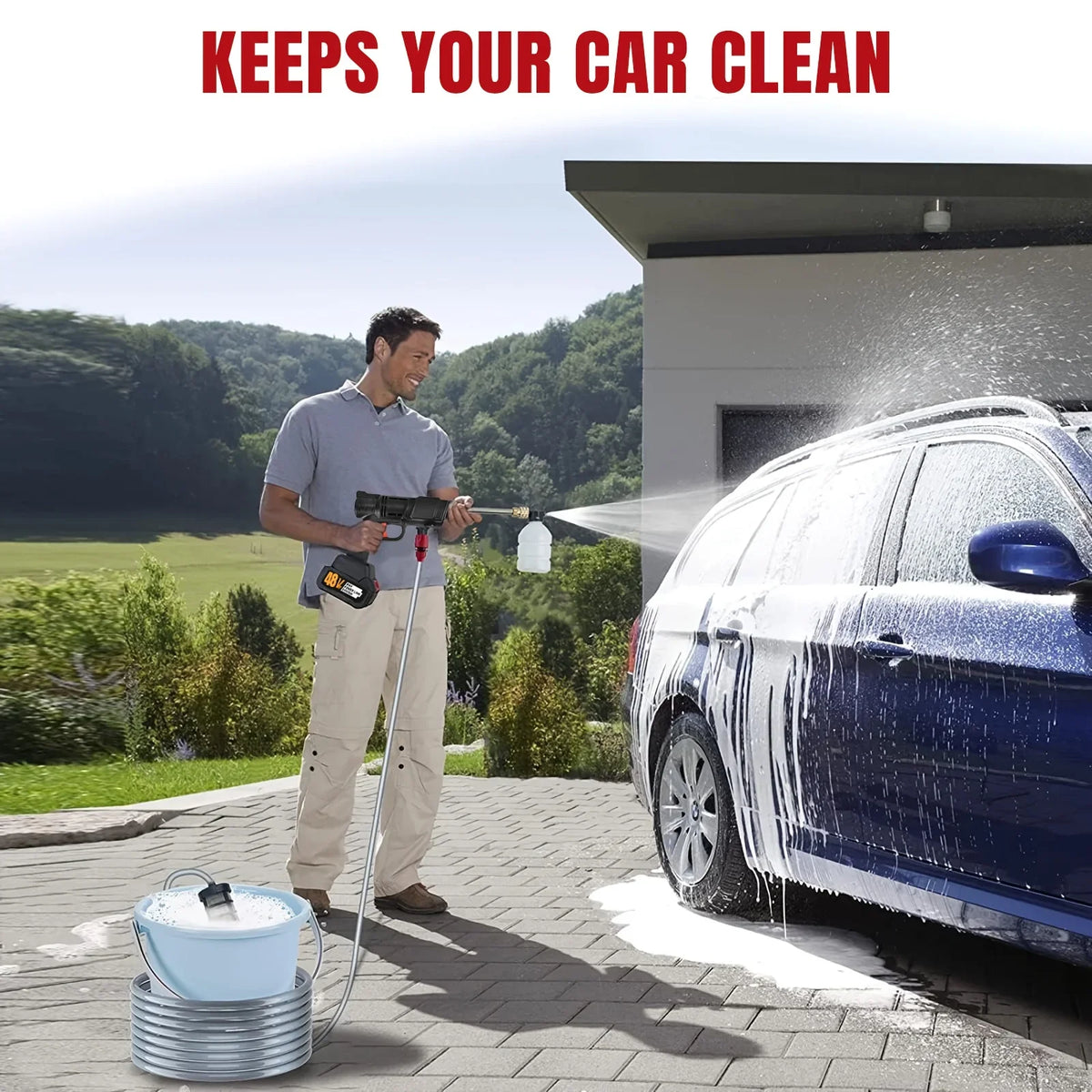 A man is using a cordless high-pressure cleaning gun to wash the exterior of a blue car.