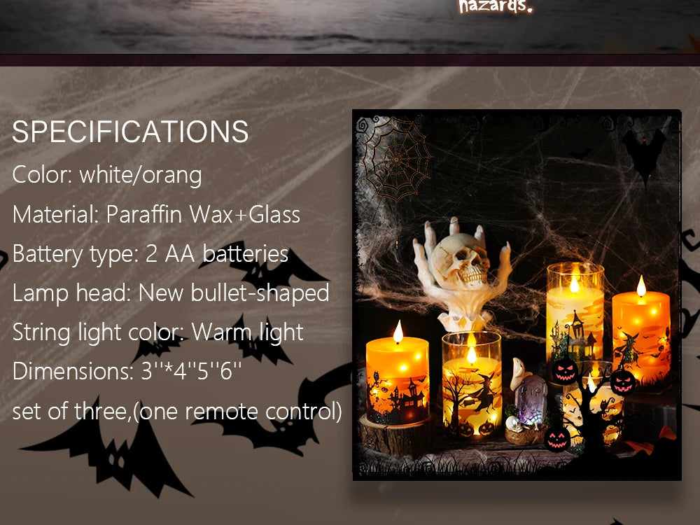 A set of three wax pillar candles with flickering flame effect, displayed on a dark surface for Halloween decor.