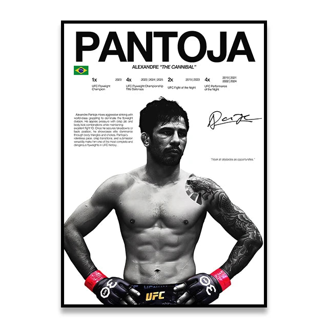 A black and white poster featuring a boxing fighter with a muscular physique and UFC championship details.