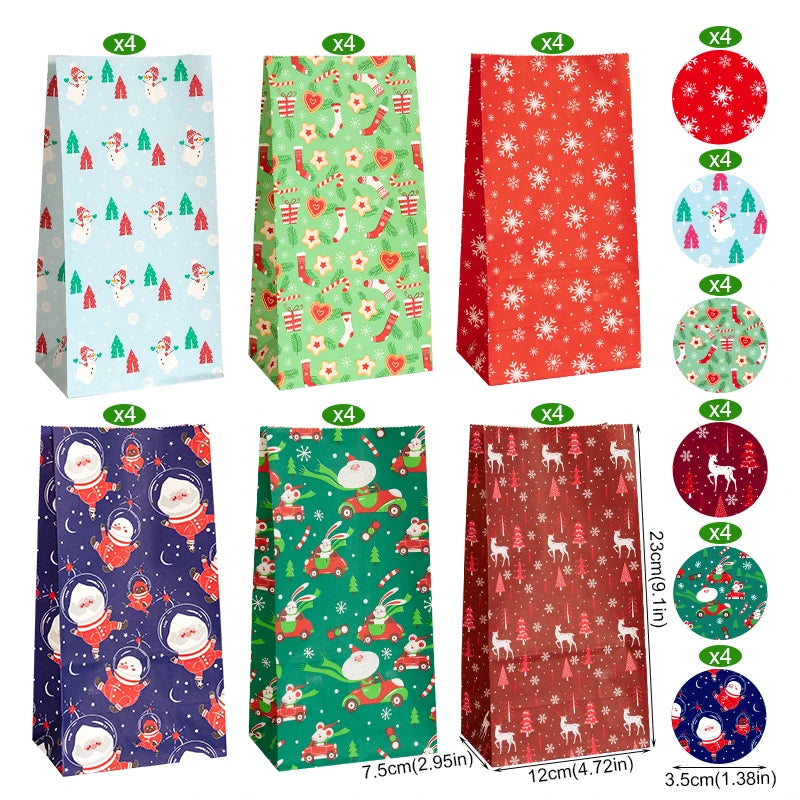A set of 24 Christmas themed kraft paper gift bags with red and green patterns and seal stickers.