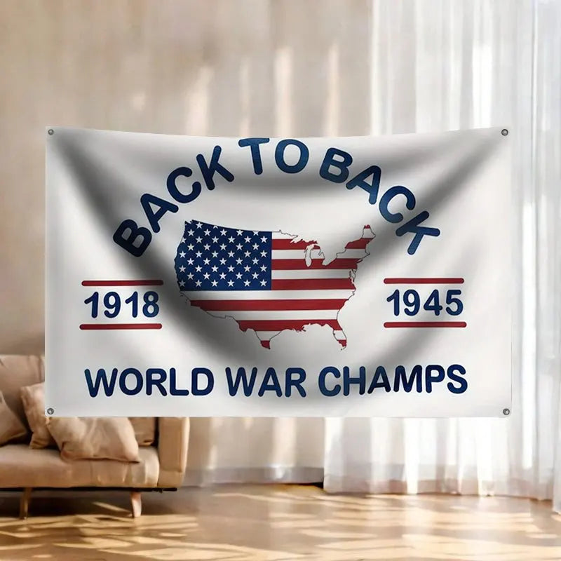 A gray flag tapestry banner featuring the text BACK TO BACK and a map of the United States with dates 1918 and 1945 below it.