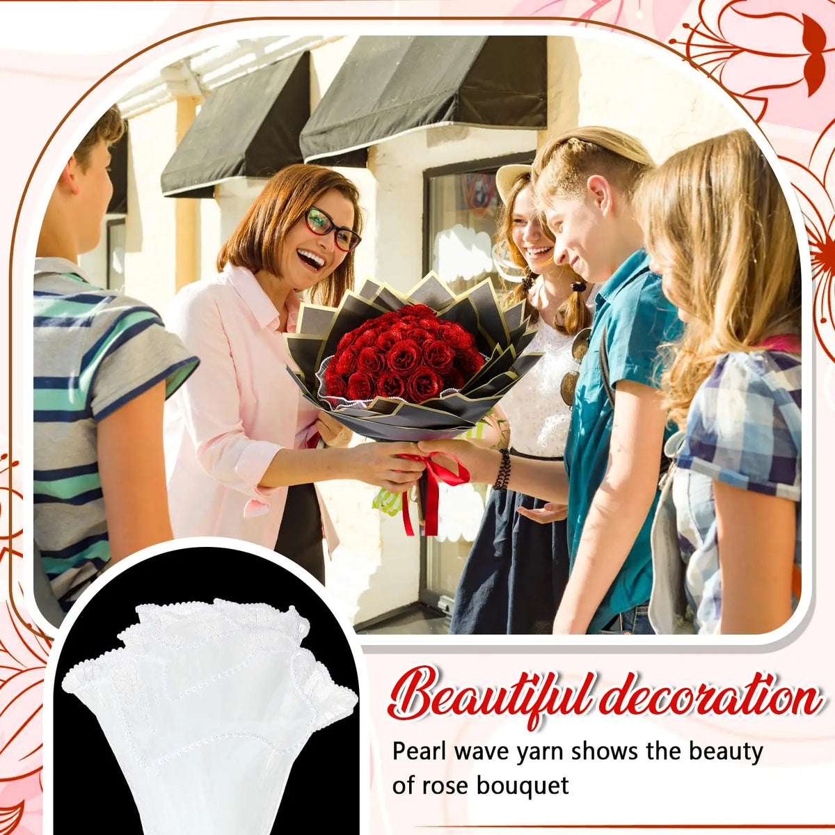 A woman holds a red rose bouquet while interacting with others, showcasing pearl wave yarn beauty.