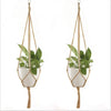Handmade macrame plant hanger with a woven rope and white pot holding green foliage.