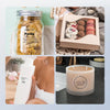 A set of thermal label paper rolls for mini label printers shown alongside pasta and a scented candle.