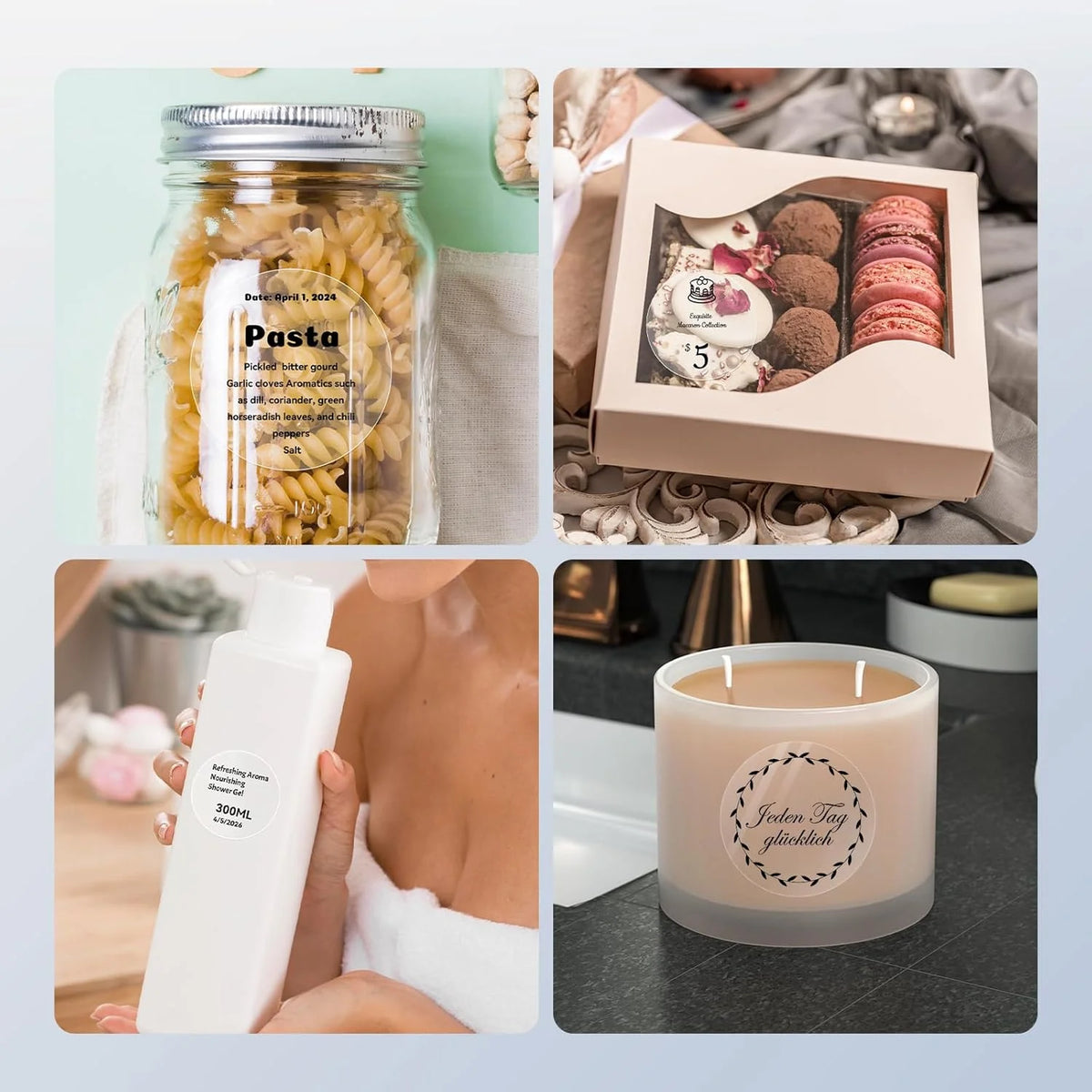 A set of thermal label paper rolls for mini label printers shown alongside pasta and a scented candle.