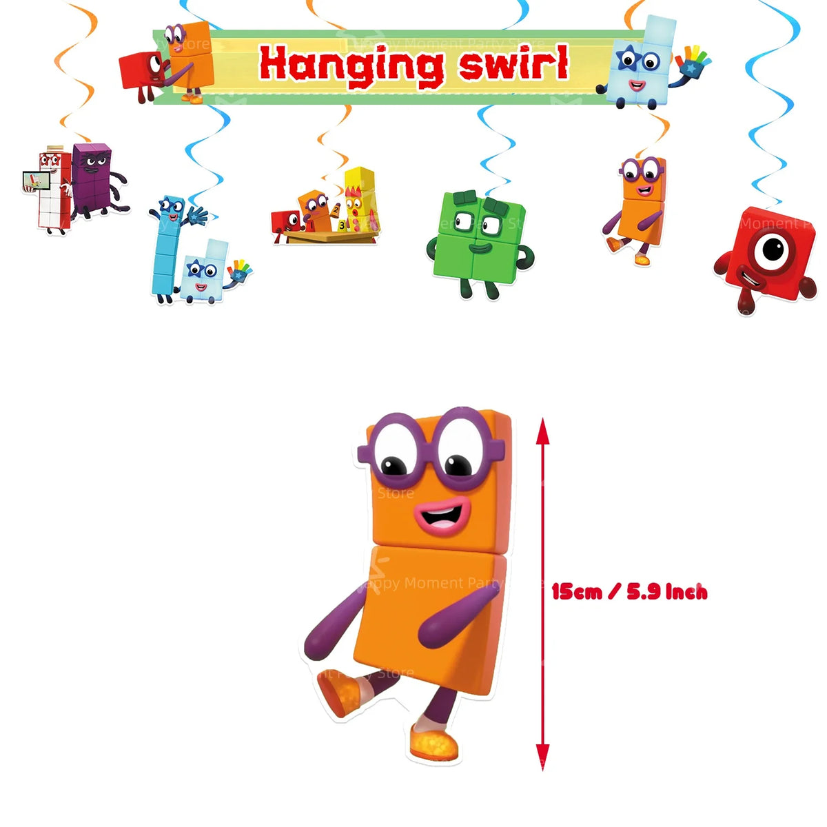 A set of colorful building block decorations featuring characters like a monster, a robot, and various figures hanging from a