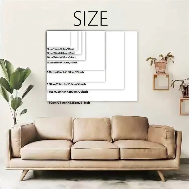 A beige sofa placed in front of a white wall featuring a large framed print with the word SIZE.