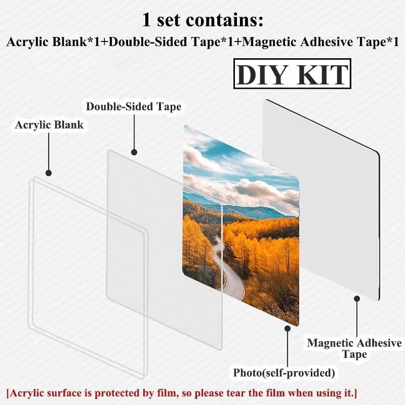 DIY kit containing an acrylic blank, double-sided tape, and magnetic adhesive tape for making fridge magnets.