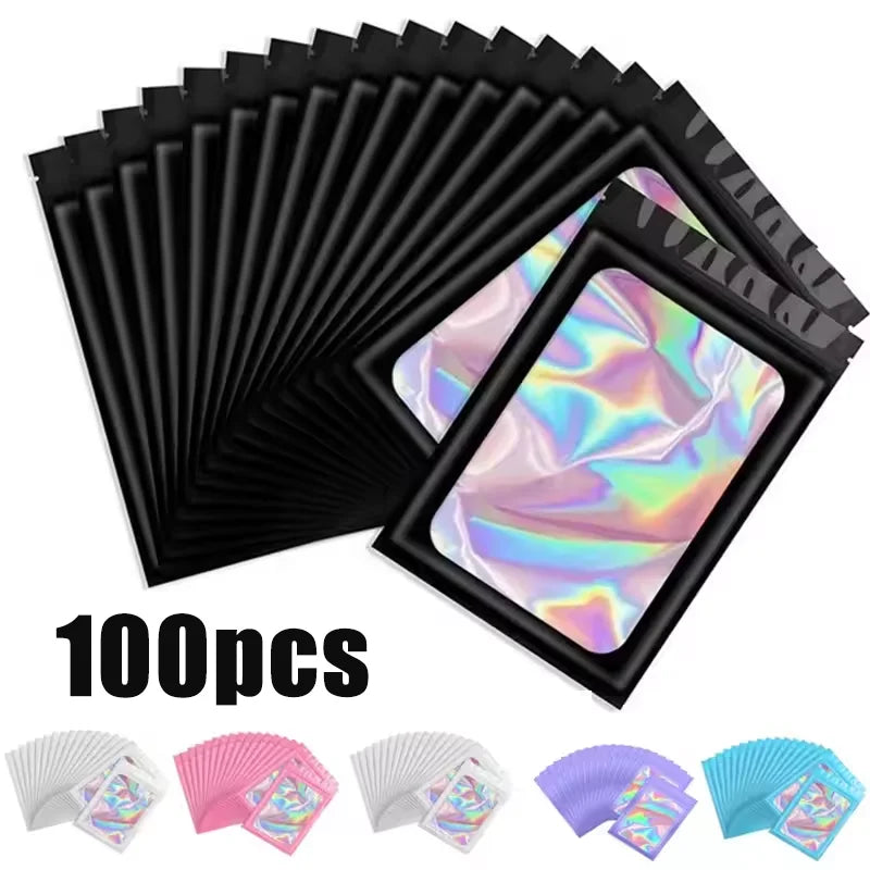 A set of 100 black holographic ziplock bags for jewelry and small item storage
