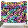 A vibrant tapestry wall hanging featuring a leopard print pattern with iridescent and neon colors.