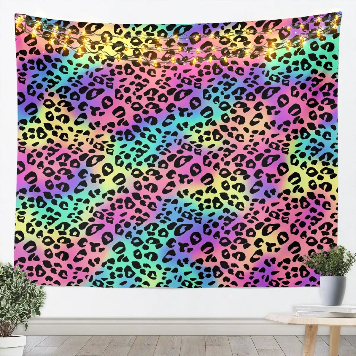 A vibrant tapestry wall hanging featuring a leopard print pattern with iridescent and neon colors.