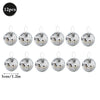 Twelve silver disco mirror balls with hanging loops for parties and decor