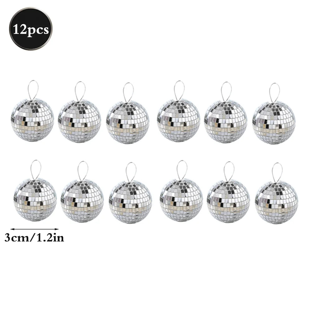Twelve silver disco mirror balls with hanging loops for parties and decor