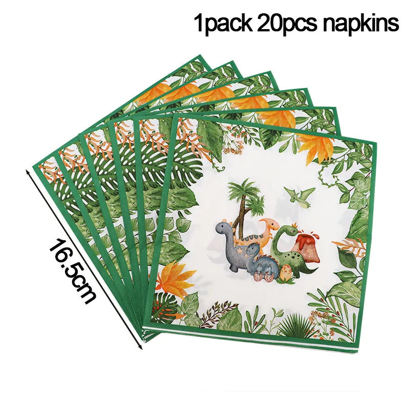 A pack of 20 napkins featuring a dinosaur theme with foliage and animals.