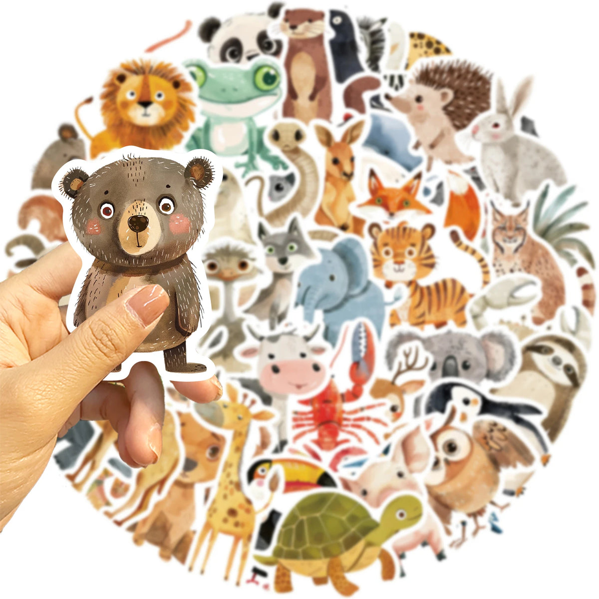A circular arrangement of assorted animal stickers featuring various mammals, birds, reptiles, and insects for kids and teens