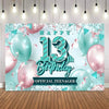 A vibrant blue and pink confetti backdrop banner with 'Happy 13th Birthday Official Teenager' text and balloons.