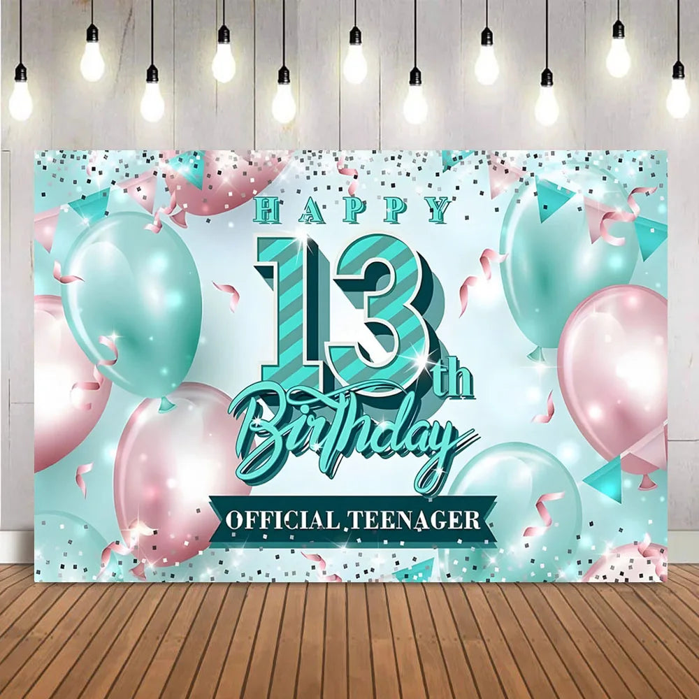 A vibrant blue and pink confetti backdrop banner with 'Happy 13th Birthday Official Teenager' text and balloons.