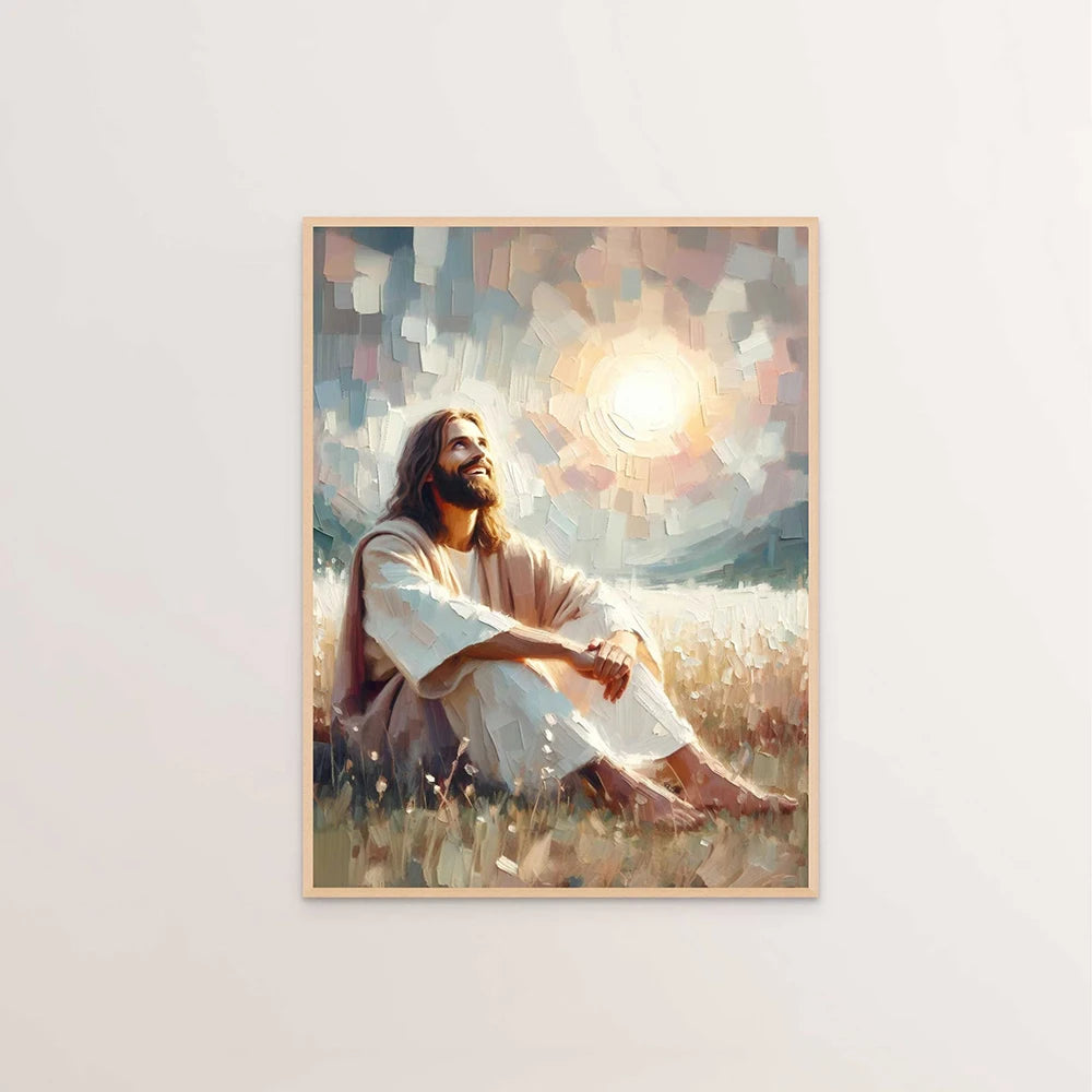 A painting depicting Jesus Christ with long hair and beard, seated in a field under a bright sun.