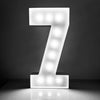 A bright white light-up marquee number sign displaying the numeral 7 on a stand.