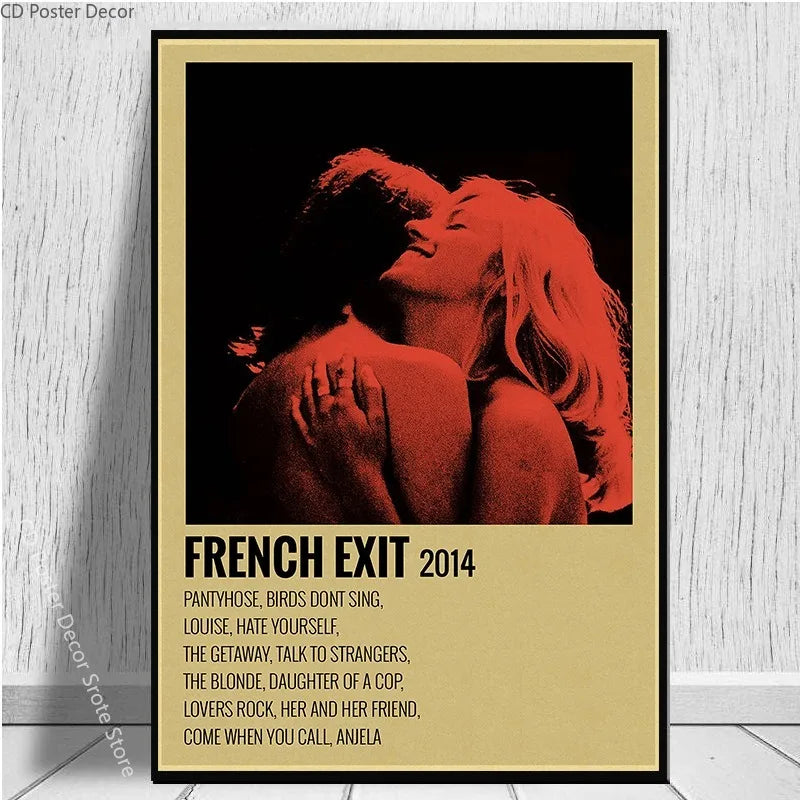 A poster featuring a close-up of two people embracing against a dark background with red lighting and the text FRENCH EXIT 20
