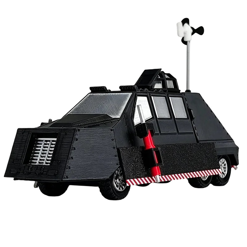 A black 3D printed display model of a Tornado intercept vehicle with a prominent antenna.