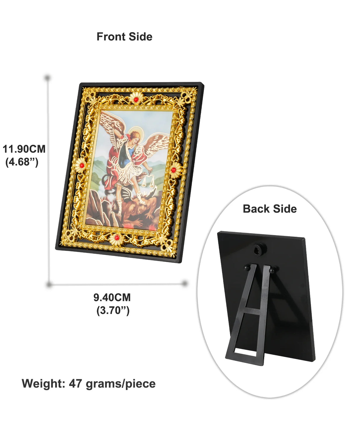 Front and back views of a framed Catholic Holy Family Icon with Archangel St. Michael for tabletop display
