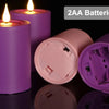 Two purple flameless LED candles and two 2AA batteries are shown with their battery compartments open.