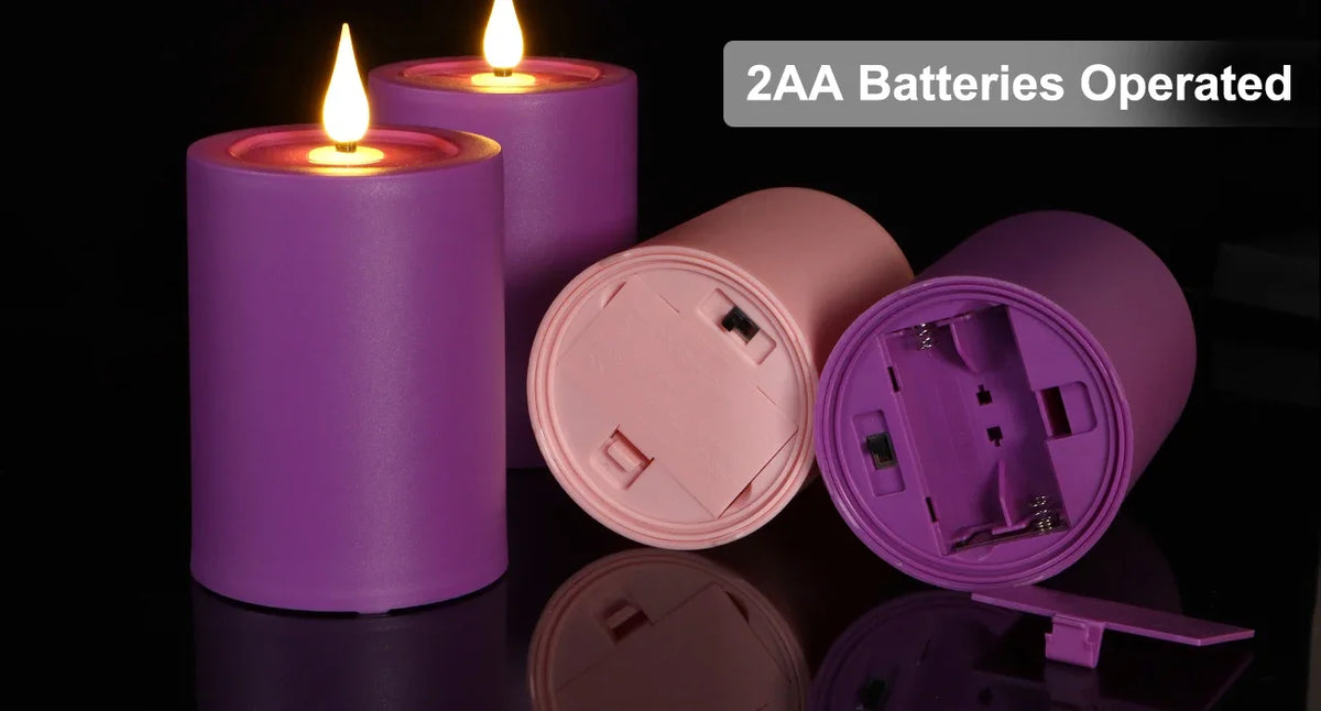 Two purple flameless LED candles and two 2AA batteries are shown with their battery compartments open.