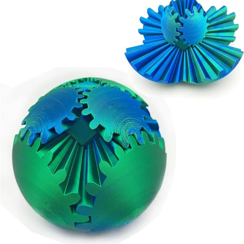 A green 3D printed gear ball fidget spinner with blue gear teeth visible on the surface.