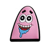 A pink, triangular epoxy charm shaped like SpongeBob SquarePants with large eyes and a blue tongue.