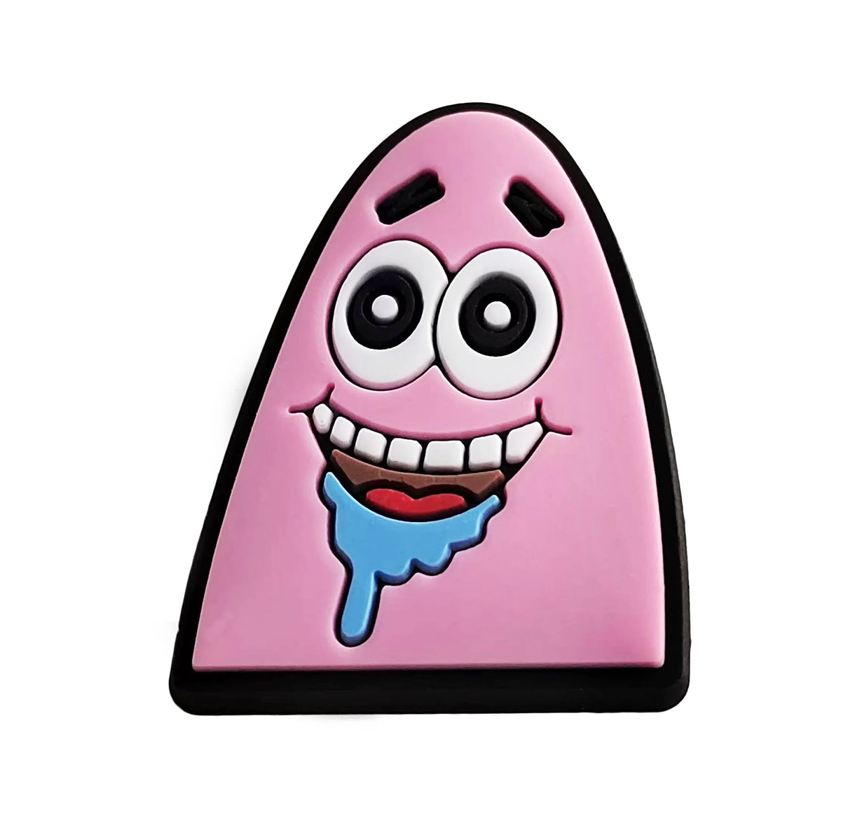 A pink, triangular epoxy charm shaped like SpongeBob SquarePants with large eyes and a blue tongue.