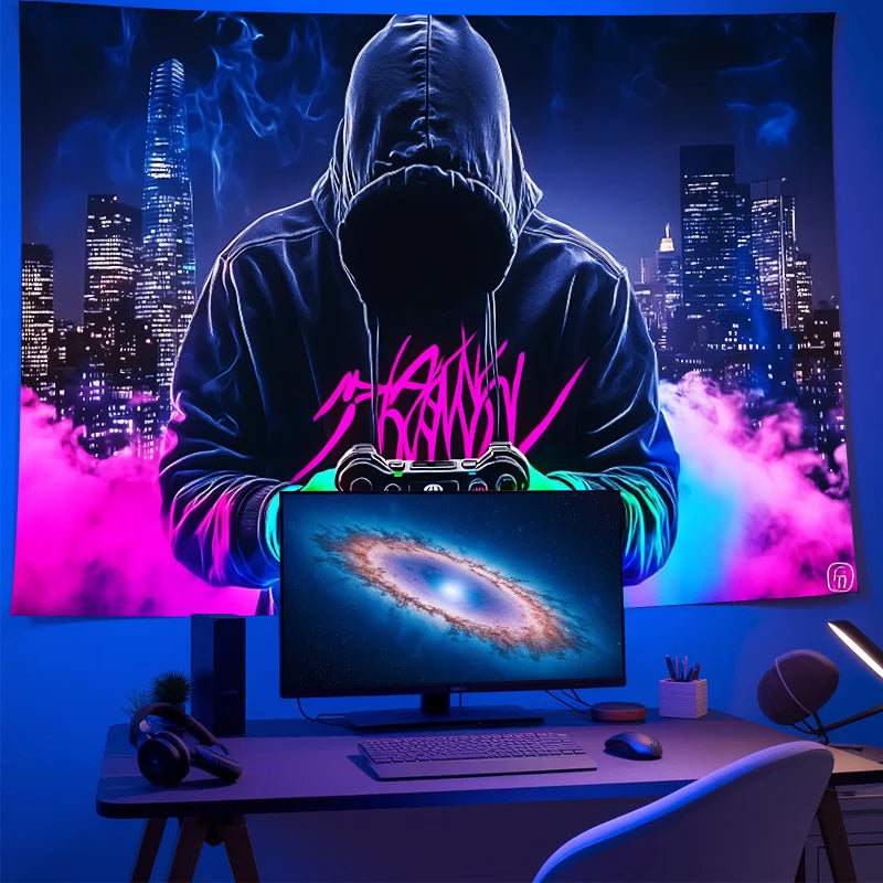 A person wearing a hoodie is centered in front of a computer monitor displaying a vibrant cityscape and smoke effects.