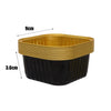 A stack of square aluminum foil baking boxes with gold rims and black bottoms, showing dimensions of 9cm and 3.6cm.