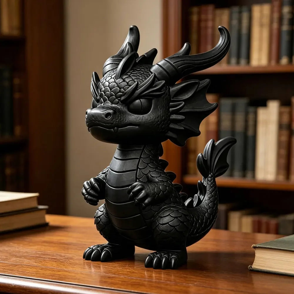 A black 3D printed mini dragon statue collectible sitting on a wooden desk next to books.