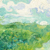 Impressionistic landscape painting featuring rolling green hills and a cloudy blue sky.