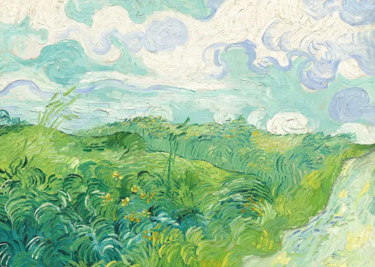 Impressionistic landscape painting featuring rolling green hills and a cloudy blue sky.