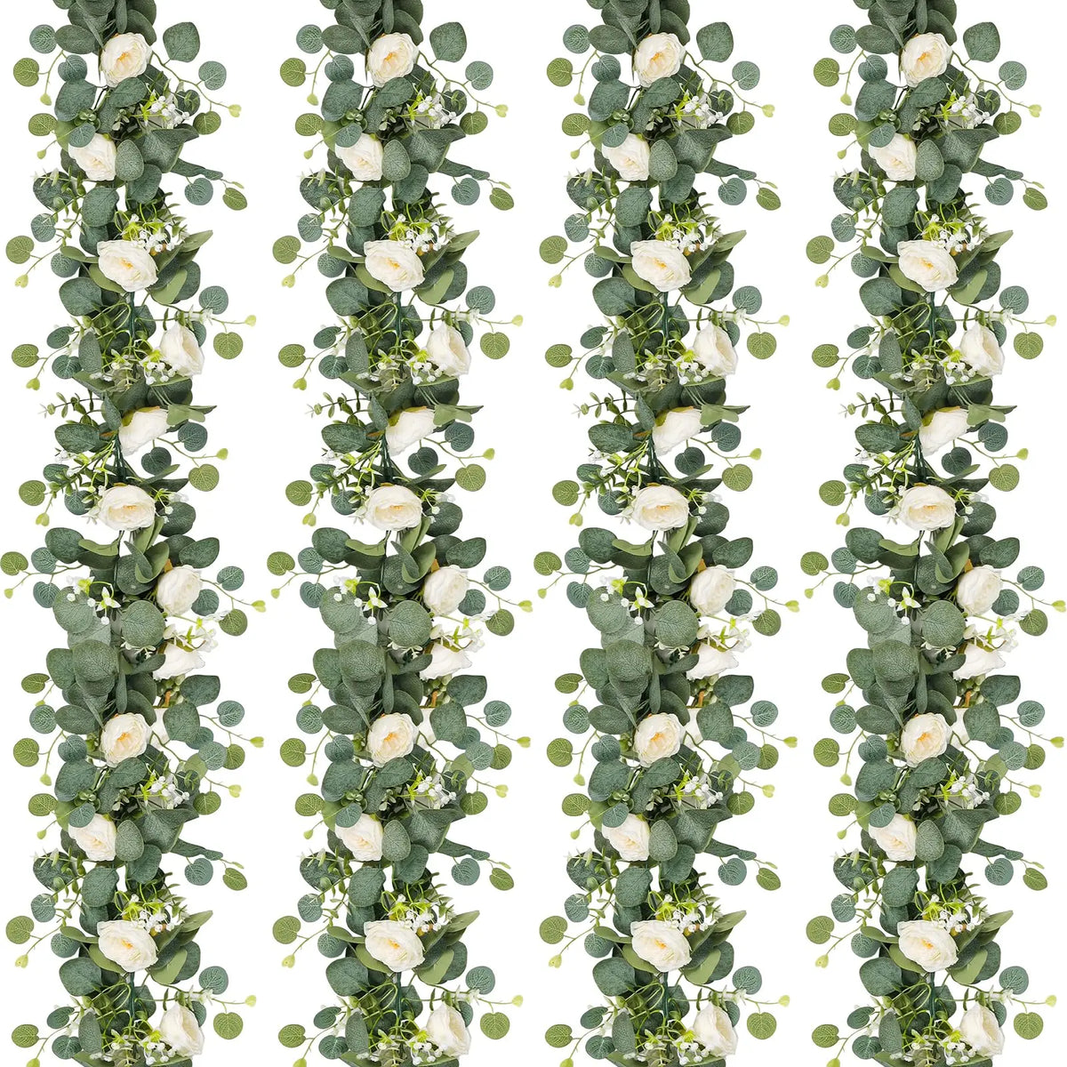 Artificial eucalyptus and rose garland with greenery featuring silvery-green leaves and white flowers