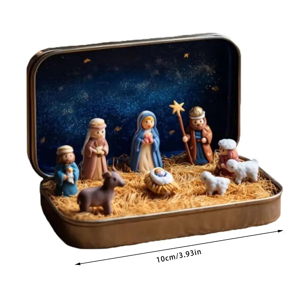 A nativity scene figurine set featuring figures and animals set in a storage tin with a starry blue background