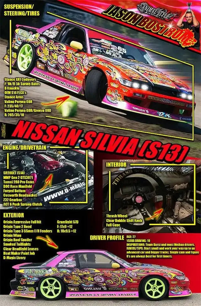 A highly detailed model of a Nissan Silvia S13 sports car in a vibrant pink and black paint scheme, displayed with surroundin