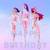 Three female characters dressed in fantasy outfits posing for a birthday backdrop