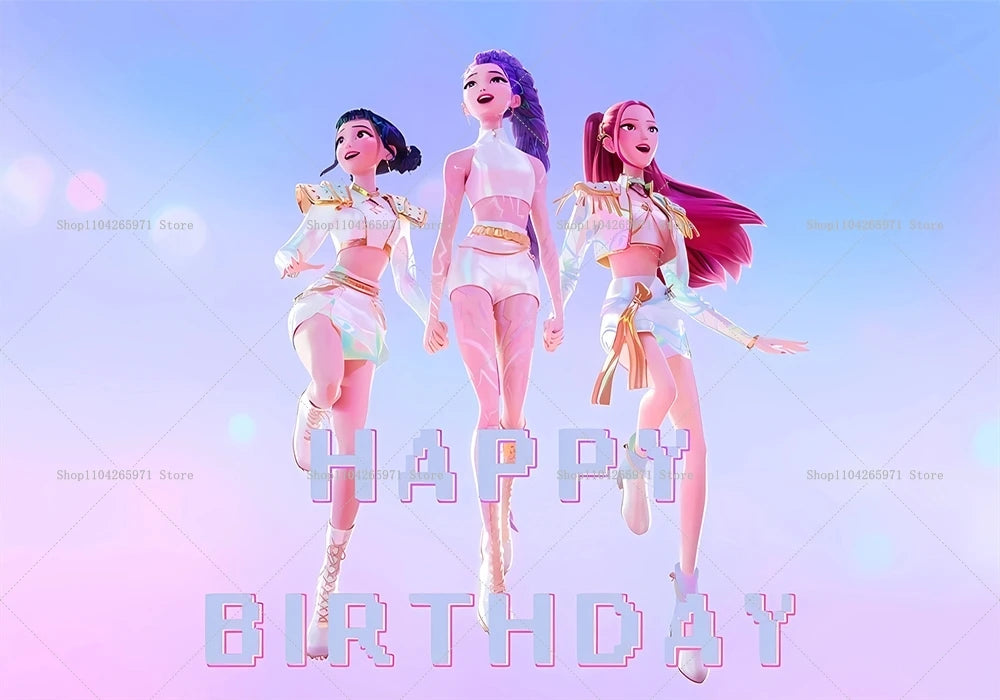Three female characters dressed in fantasy outfits posing for a birthday backdrop