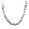 Silver paperclip chain bag strap with decorative links and a lobster clasp.